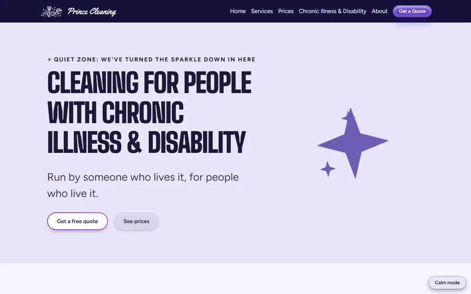 The Prince Cleaning chronic illness page, a quiet zone in pale lilac with the sparkle turned down.