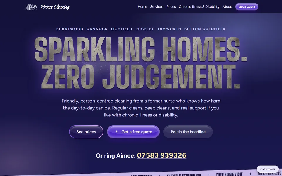 The Prince Cleaning home page: a dirty chrome headline reading Sparkling homes, zero judgement, on a midnight violet background with glossy buttons.